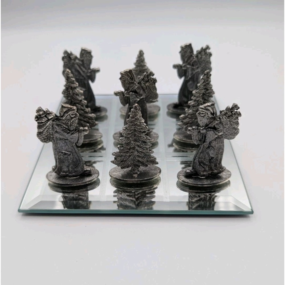 Vintage Metzke Pewter Christmas Tic Tac Toe‎ Set Santa Trees Mirrored Board 1993